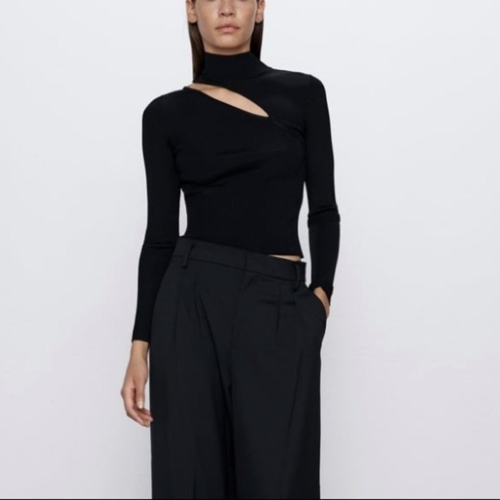 Zara Women Cut Out Mock Neck Black Ribbed Knit Long Sleeve Sweater Size L